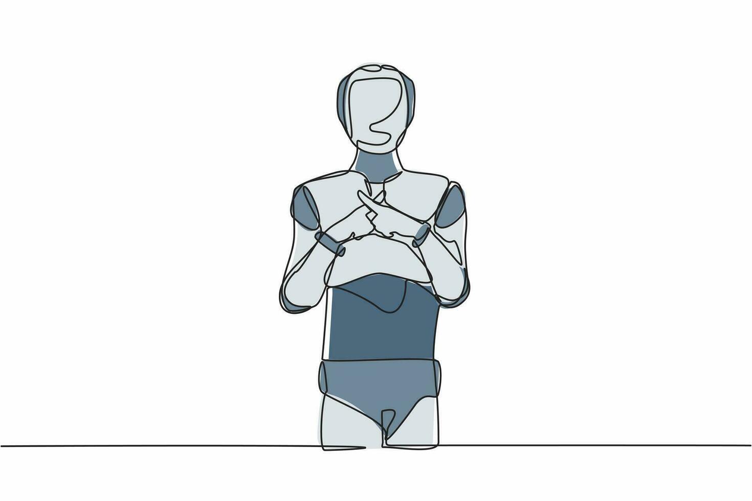 kontinuerlig ett linje teckning robot stående med korsning fingrar formning x. förbjudna. säga Nej. humanoid robot cybernetiska organism. framtida robot utveckling. enda linje dra design vektor illustration