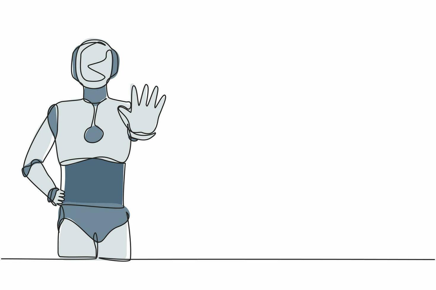 enda ett linje teckning robot stående med handflatan som sluta signal, stanna kvar, håll, avslag gest. framtida teknologi utveckling. artificiell intelligens. kontinuerlig linje dra design vektor illustration