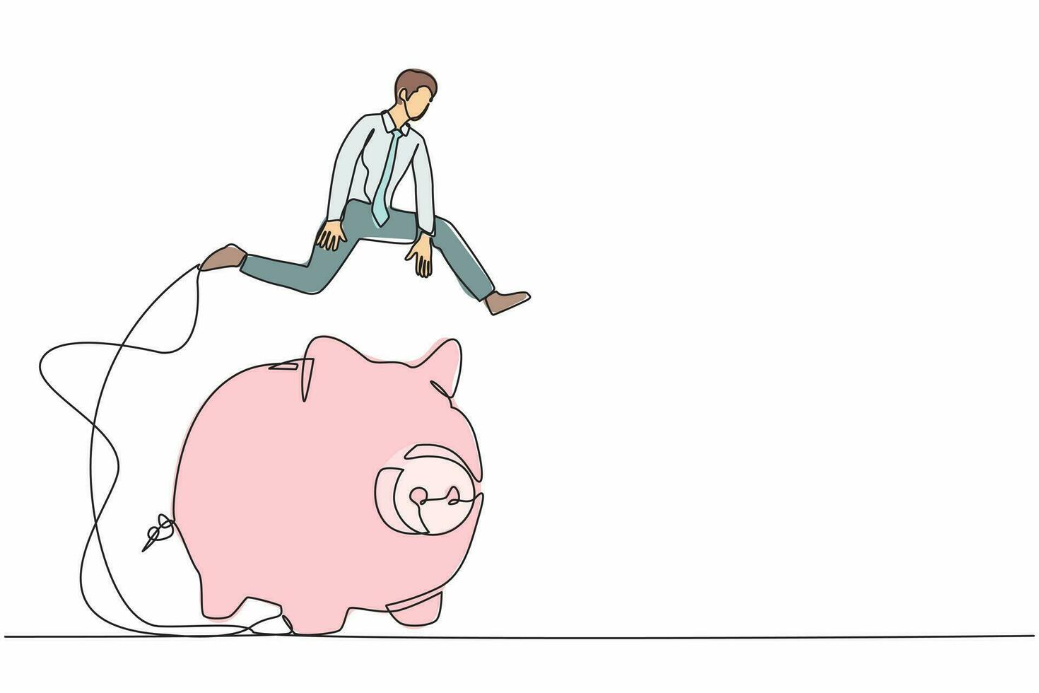 kontinuierliche einzeilige zeichnung geschäftsmann, der über sparschwein springt. Geld sparen für Investitionen. Finanzmanagement, Budgetplanung, Sicherheit der Geldaufbewahrung. Einzeilige Design-Vektorillustration vektor