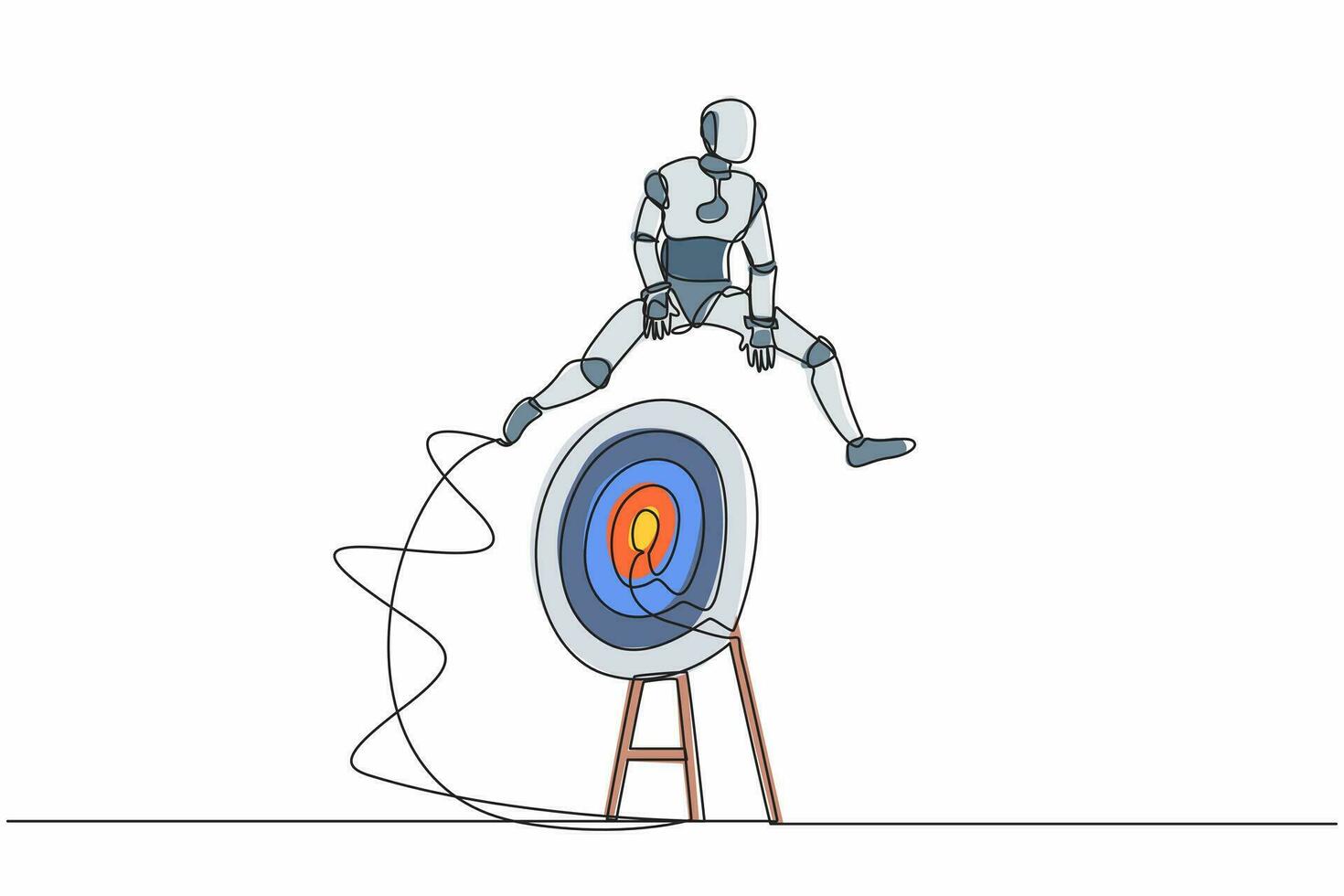 Ein einziger Strichzeichnungsroboter, der auf ein großes Bogenschießen-Bullseye-Ziel springt. Zielerreichung Ziele. zukünftige Technologieentwicklung. künstliche Intelligenz. ununterbrochene Linie zeichnen Design-Vektor-Illustration vektor