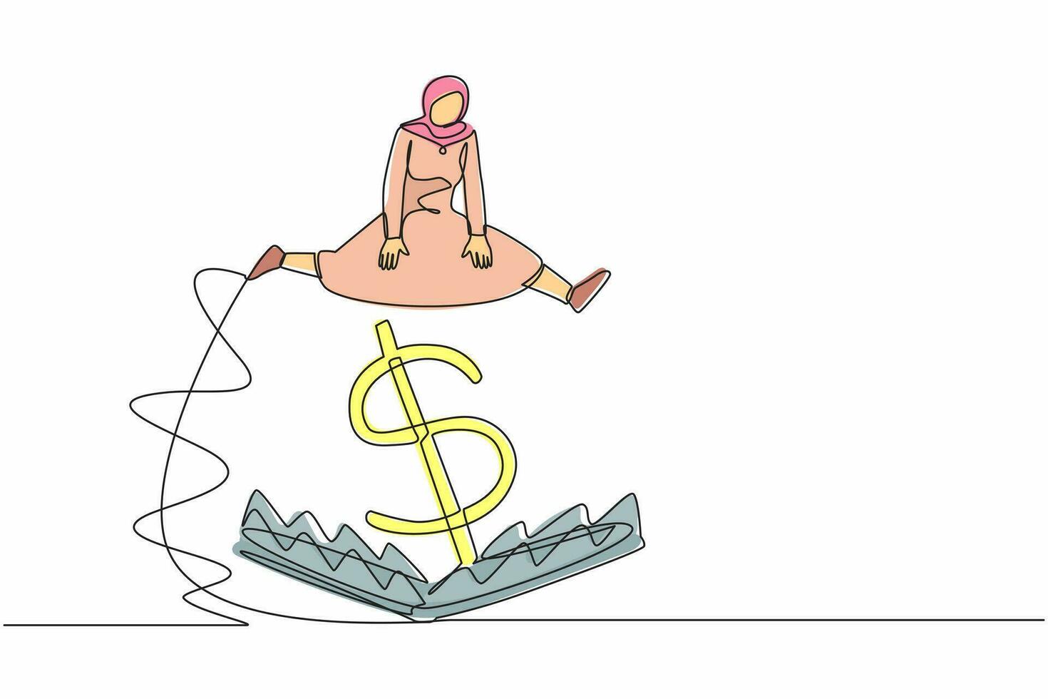 enda ett linje teckning arab affärskvinna Hoppar över pengar fälla med stor pengar dollar symbol. finansiell pengar fälla, ponzi företag schema. kontinuerlig linje design grafisk vektor illustration