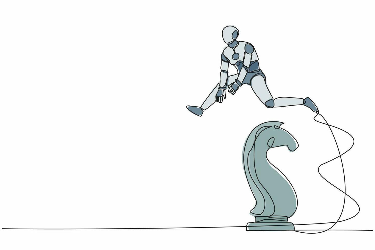 kontinuerlig ett linje teckning robot Hoppar över schack häst riddare. hjärna intelligens sport, taktisk rörelse aning. framtida robot cybernetiska utveckling. enda linje dra design vektor illustration