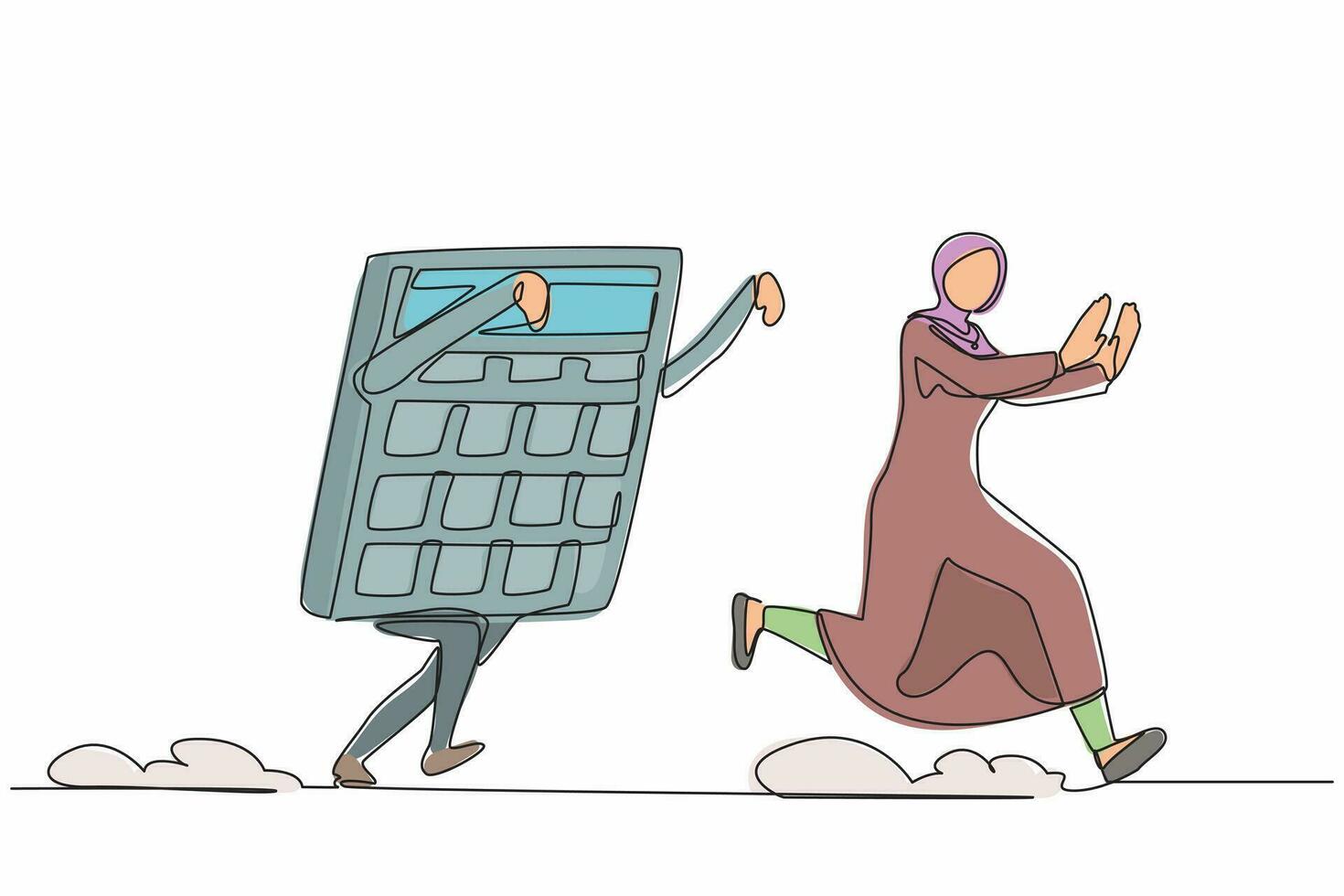Eine einzige durchgehende Strichzeichnung erschreckt die arabische Geschäftsfrau, die vom Taschenrechner gejagt wird. mitarbeiterin schwierig bei berechnungen von geschäftsprojekten. eine linie zeichnen grafikdesign-vektorillustration vektor