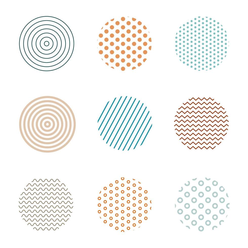 uppsättning färgade isolerade cirklar med olika geometriska designpunkter, linjer, kurvor. geometrisk vektordesign i platt stil på vit bakgrund vektor