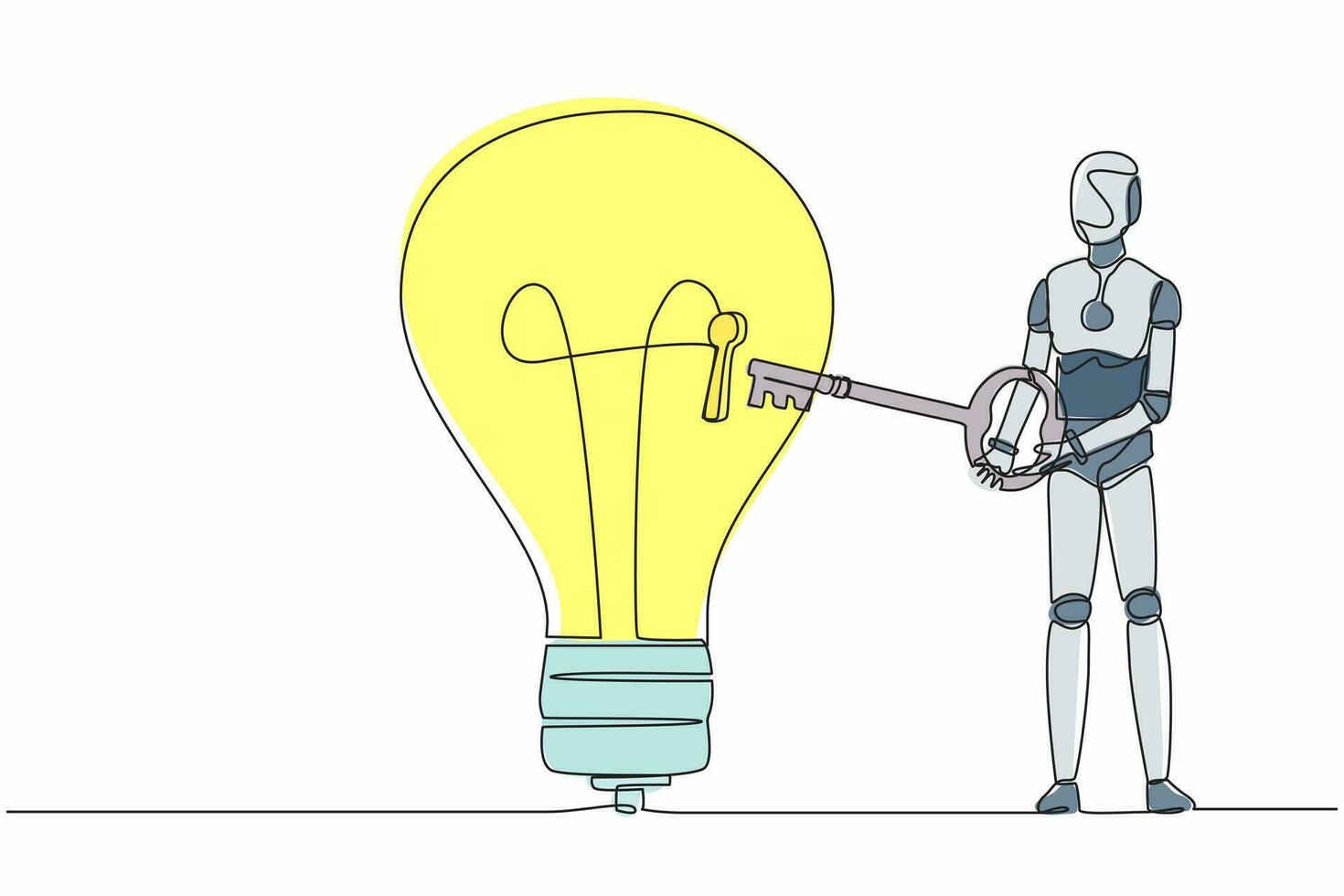 enda ett linje teckning robot sätta stor nyckel in i ljus Glödlampa. låsa upp innovation på företag aning. framtida teknologi utveckling. artificiell intelligens. kontinuerlig linje dra design vektor illustration