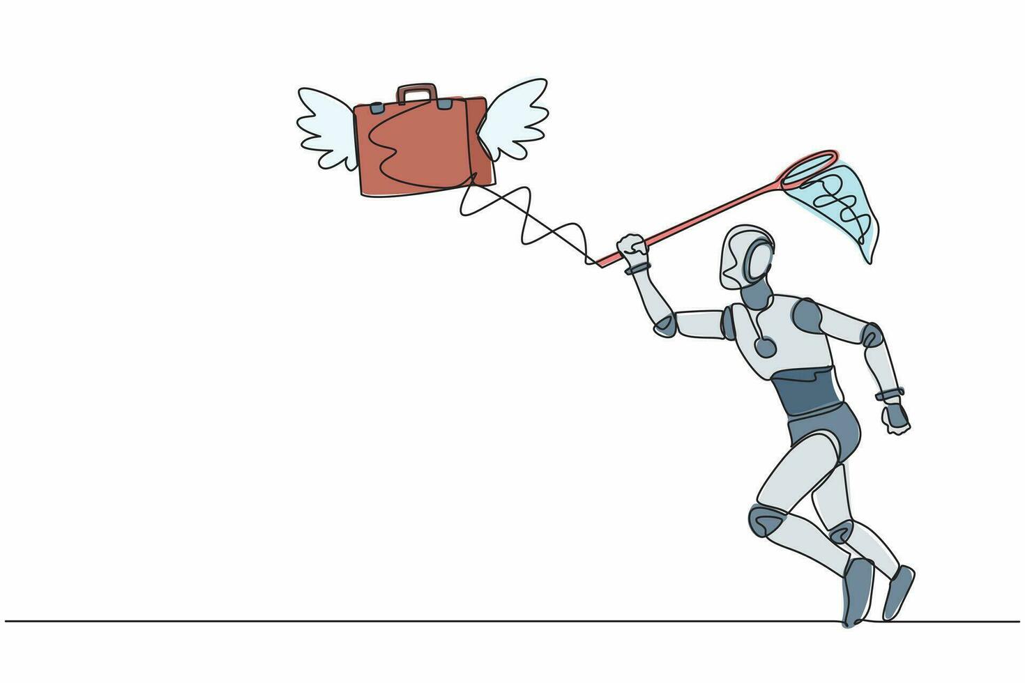 enda kontinuerlig linje teckning robot Prova till fånga flygande portfölj med fjäril netto. hög prestanda tech företag. robot artificiell intelligens. ett linje dra grafisk design vektor illustration