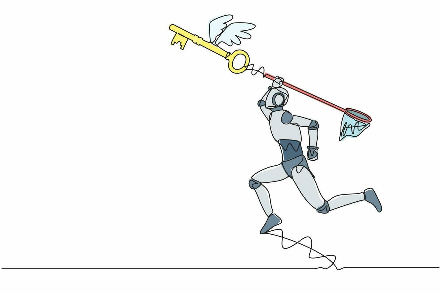 Ein einzelner kontinuierlicher Strichzeichnungsroboter versucht, fliegende Schlüssel mit einem Schmetterlingsnetz zu fangen. Finden Sie den Schlüssel zur Lösung von Technologieproblemen. robotische künstliche Intelligenz. einzeilige Grafikdesign-Vektorillustration vektor