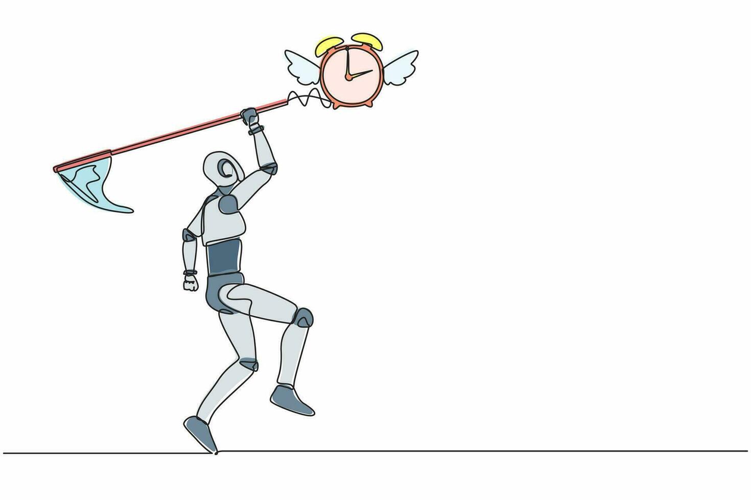 enda kontinuerlig linje teckning robot Prova till fångst flygande larm klocka med fjäril netto. robot arbetssätt med deadlines, ut av tid. artificiell intelligens. ett linje dra design vektor illustration