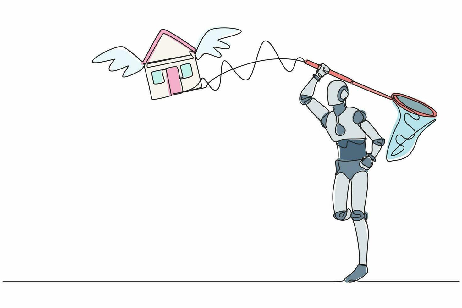 enda ett linje teckning robot Prova till fångst flygande hus med fjäril netto. pris ökar av hus lån. framtida teknologi utveckling. kontinuerlig linje dra design grafisk vektor illustration