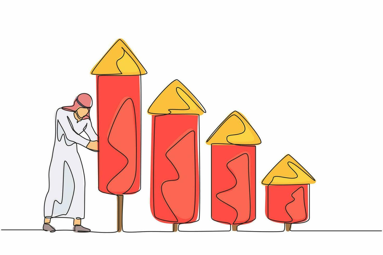 Single kontinuierlich Linie Zeichnung arabisch Geschäftsmann entzünden Feuerwerk Rakete Bar Graph zu erhöhen, ansteigen Unternehmen Wachstum. Boost Verdienste oder wirtschaftlich Boom. dynamisch einer Linie zeichnen Grafik Design Vektor Illustration