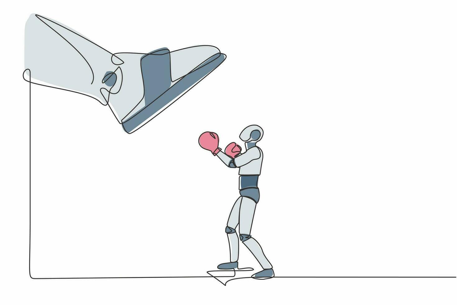 Single einer Linie Zeichnung Roboter Stanzen Uppercut unter groß Fuß stampfen. Roboter gegen autoritär oder Zorn Chef. Zukunft Technologie Entwicklung. kontinuierlich Linie zeichnen Design Grafik Vektor Illustration