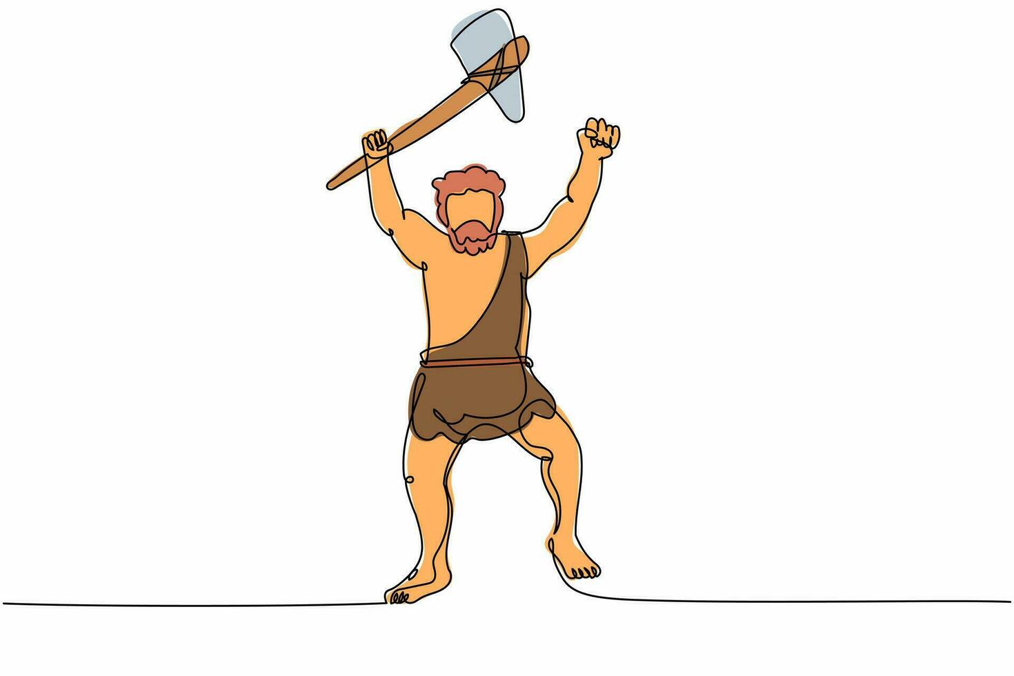 enda ett linje teckning caveman innehav och Uppfostrad sten yxa över huvudet. förhistorisk man jägare med vapen. gammal man jakt djur- för mat. kontinuerlig linje dra design grafisk vektor illustration