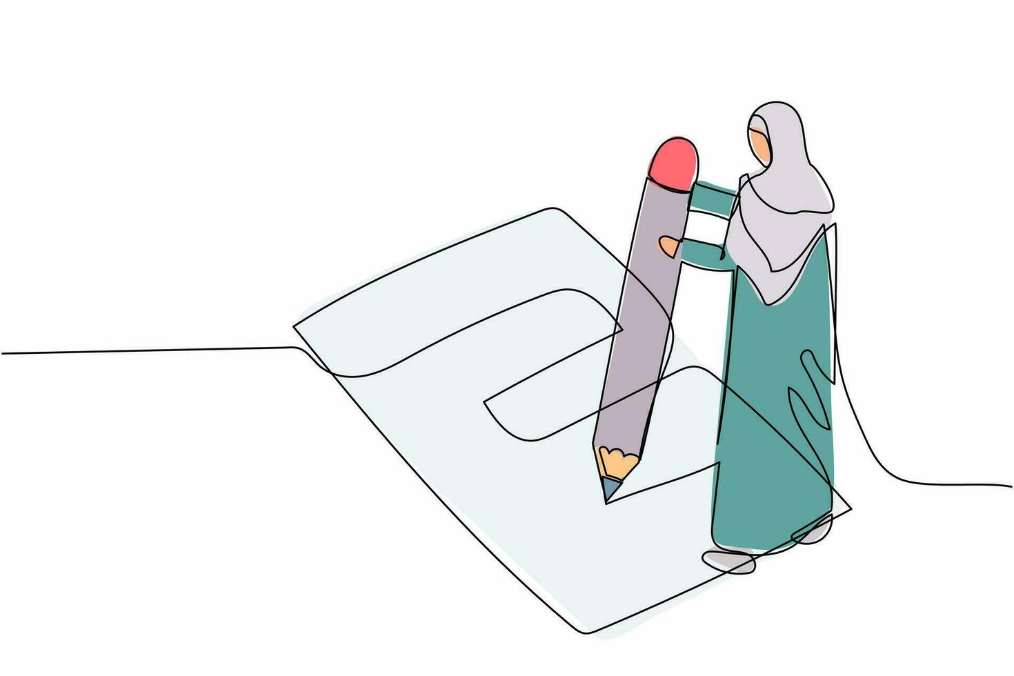 einzelne durchgehende strichzeichnung arabische geschäftsfrau, die umfrageformular auf dem boden schreibt. Managerin füllte Checkliste auf Klemmbrett mit riesigem Bleistift aus. eine linie zeichnen grafikdesign-vektorillustration vektor