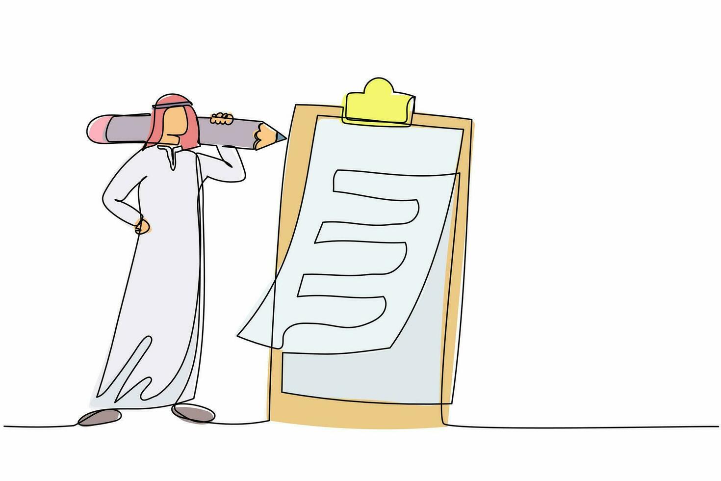 enda ett linje teckning arab affärsman innehar penna på axel och stanna kvar nära jätte urklipp. framgångsrik företag begrepp. checklista med bock märke. kontinuerlig linje dra design vektor illustration