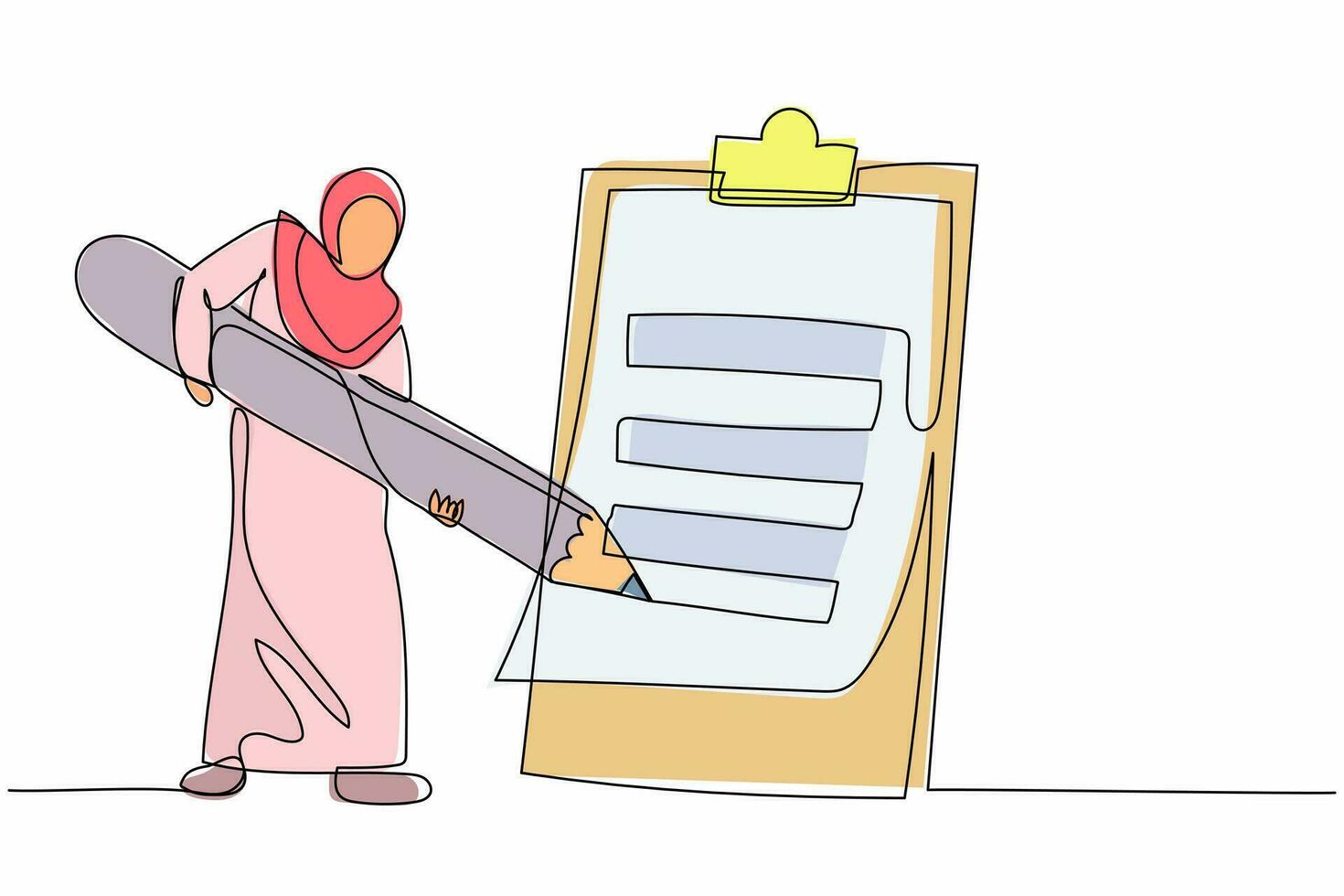 kontinuerlig ett linje teckning arab affärskvinna mark checklista med penna. arbetstagare komplettering frågeformulär uppgift. mål prestation planera schema. enda linje dra design vektor grafisk illustration