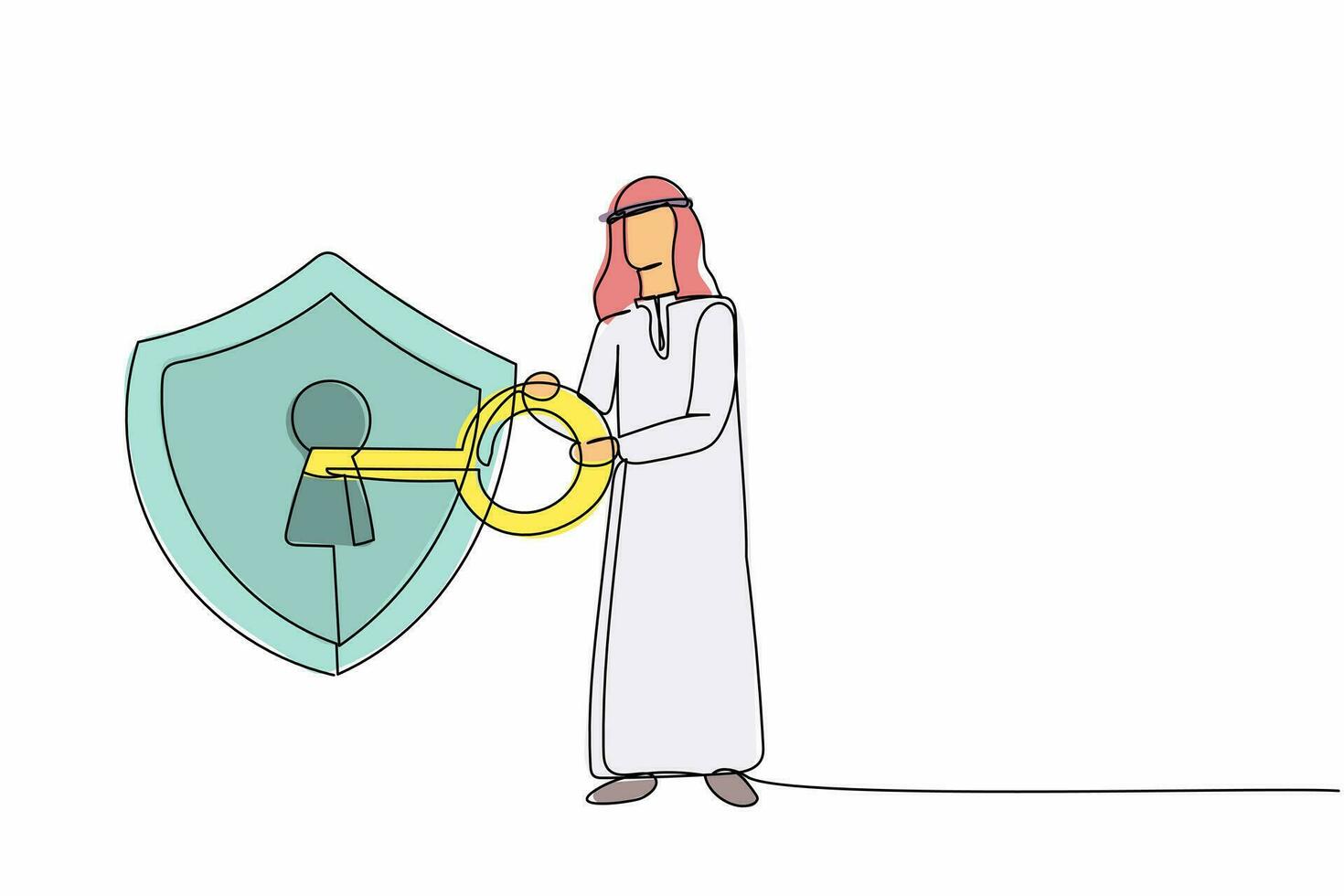 enda ett linje teckning arab affärsman sätta stor nyckel in i skydda. internet säkerhet och skydd. kryptering, kodning digital valuta data. kontinuerlig linje design grafisk vektor illustration