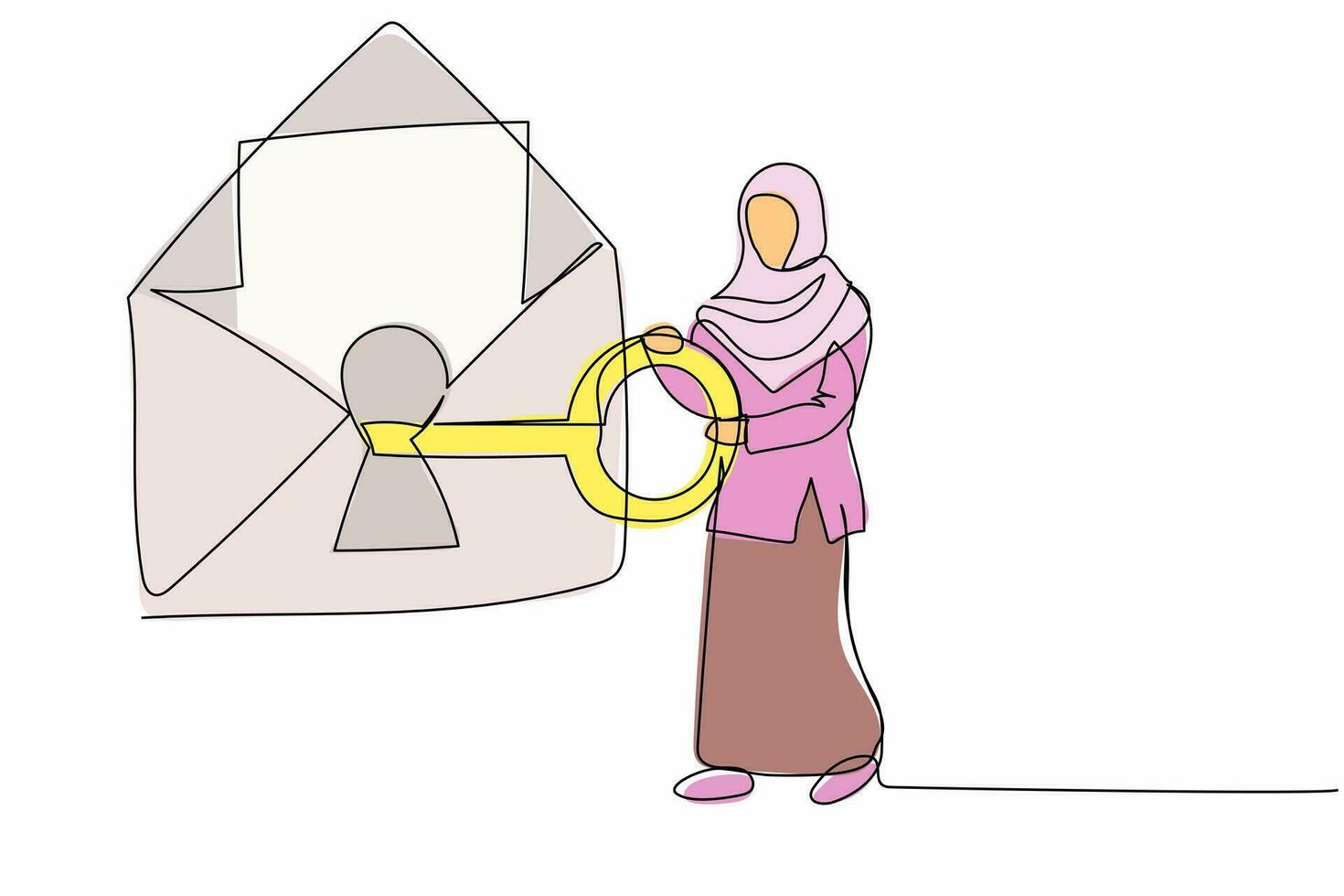 kontinuerlig ett linje teckning arab affärskvinna sätta nyckel in i post. personlig internet säkerhet användare. meddelande uppkopplad säkerhet systemet. skydd information vård. enda linje design vektor illustration