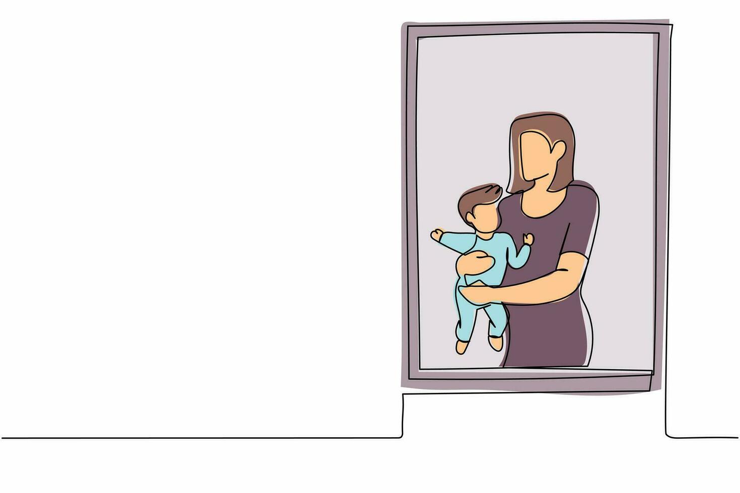 durchgehende einzeilige zeichnung frau, die neugeborenes baby in der nähe des fensters hält. Kind liegt in Mamas Armen. Frau, die sich um das Kind kümmert. Mutter im Mutterschaftsurlaub. Vektorgrafik-Illustration für einzeiliges Design vektor