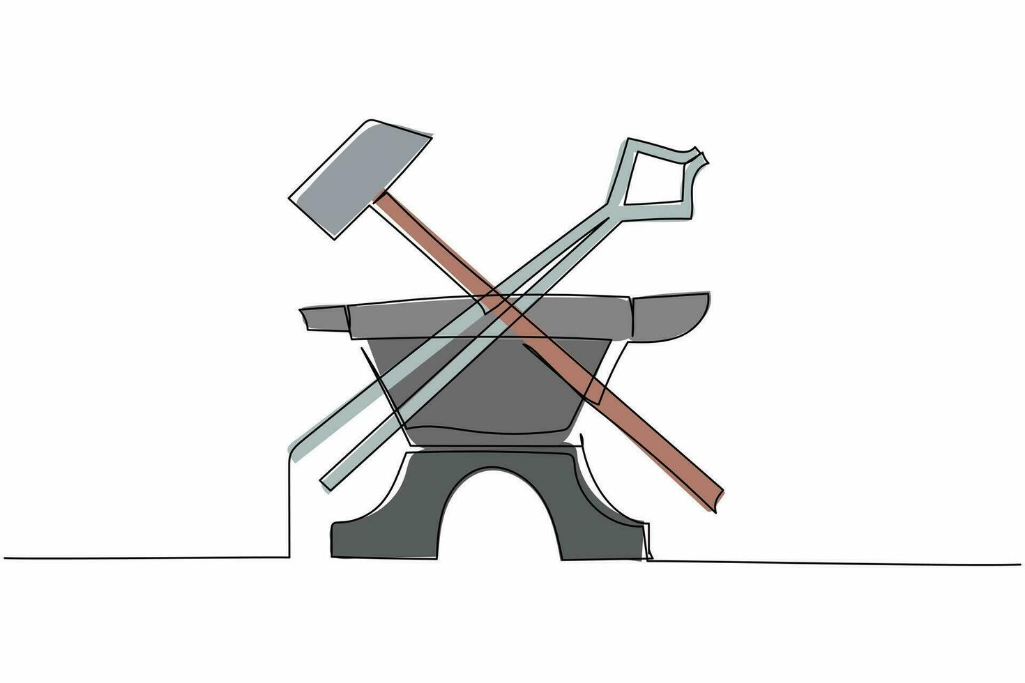 Symbol für kontinuierliche einzeilige Zeichnung von Schmiedewerkzeugen. gekreuzter Hammer, Zange, Amboss. handwerks- und metallarbeitskonzept für embleme oder etikettenvorlagen. einzeiliges zeichnen design vektorgrafik illustration vektor