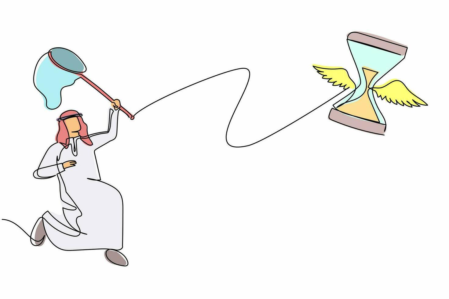 einzelne durchgehende strichzeichnung arabischer geschäftsmann versuchen, fliegende sanduhr mit schmetterlingsnetz zu fangen. Projektziele nicht erreicht. Geschäftsmetapher. eine Linie zeichnen Design-Vektor-Illustration vektor