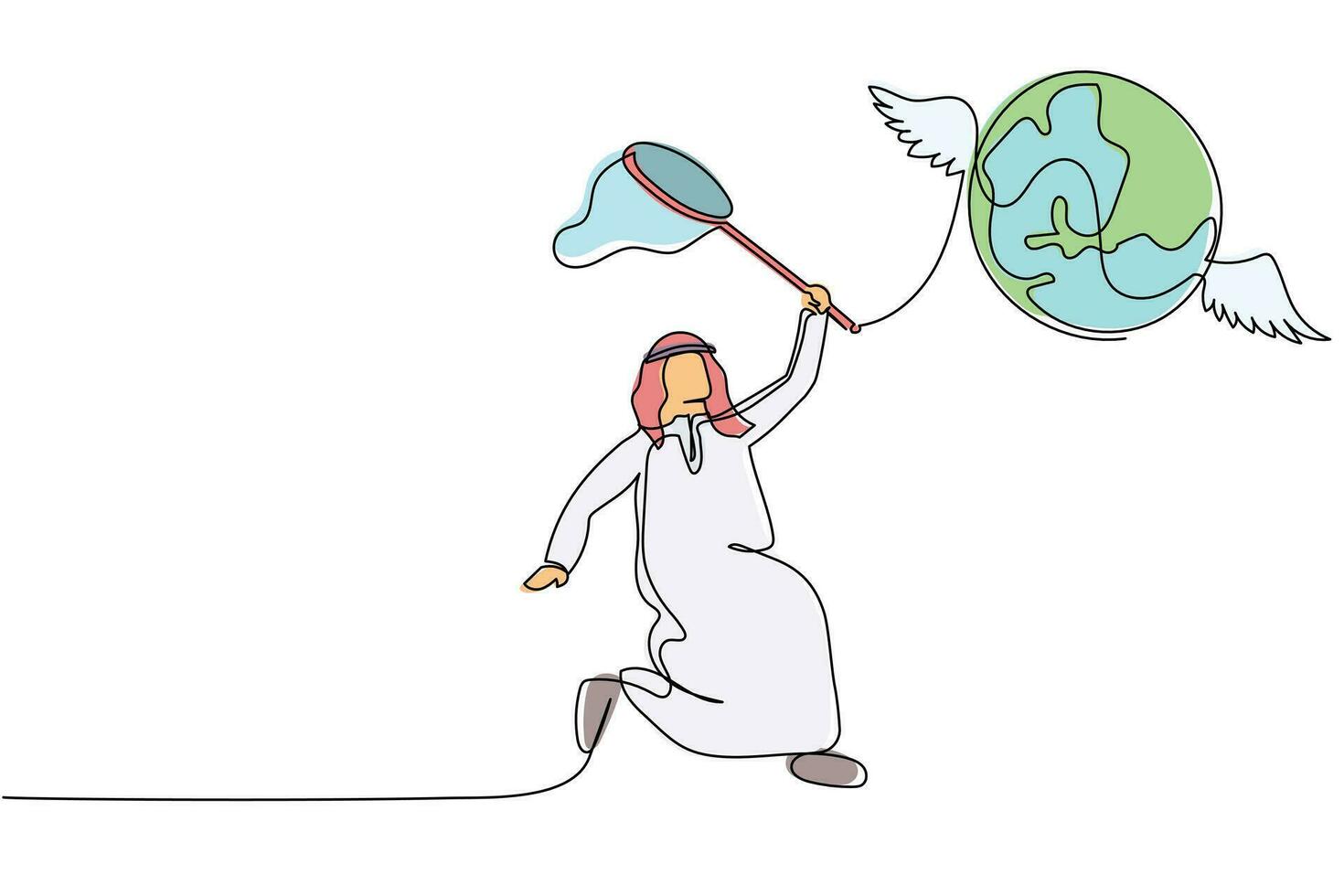 kontinuierlich einer Linie Zeichnung arabisch Geschäftsmann Versuchen zu fangen fliegend Globus mit Schmetterling Netz. gescheitert zu Reisen um Welt fällig zu Pandemie. Single Linie zeichnen Design Vektor Grafik Illustration