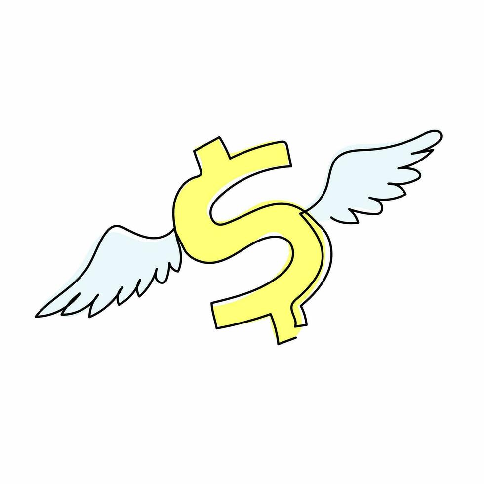 einzelne einstrichzeichnung fliegendes amerikanisches dollarsymbol mit flügeln. symbolisiert den Aufstieg des Dollars im Markt. Dollarsymbol und Flügel. moderne grafische vektorillustration des ununterbrochenen zeichnendesigns vektor