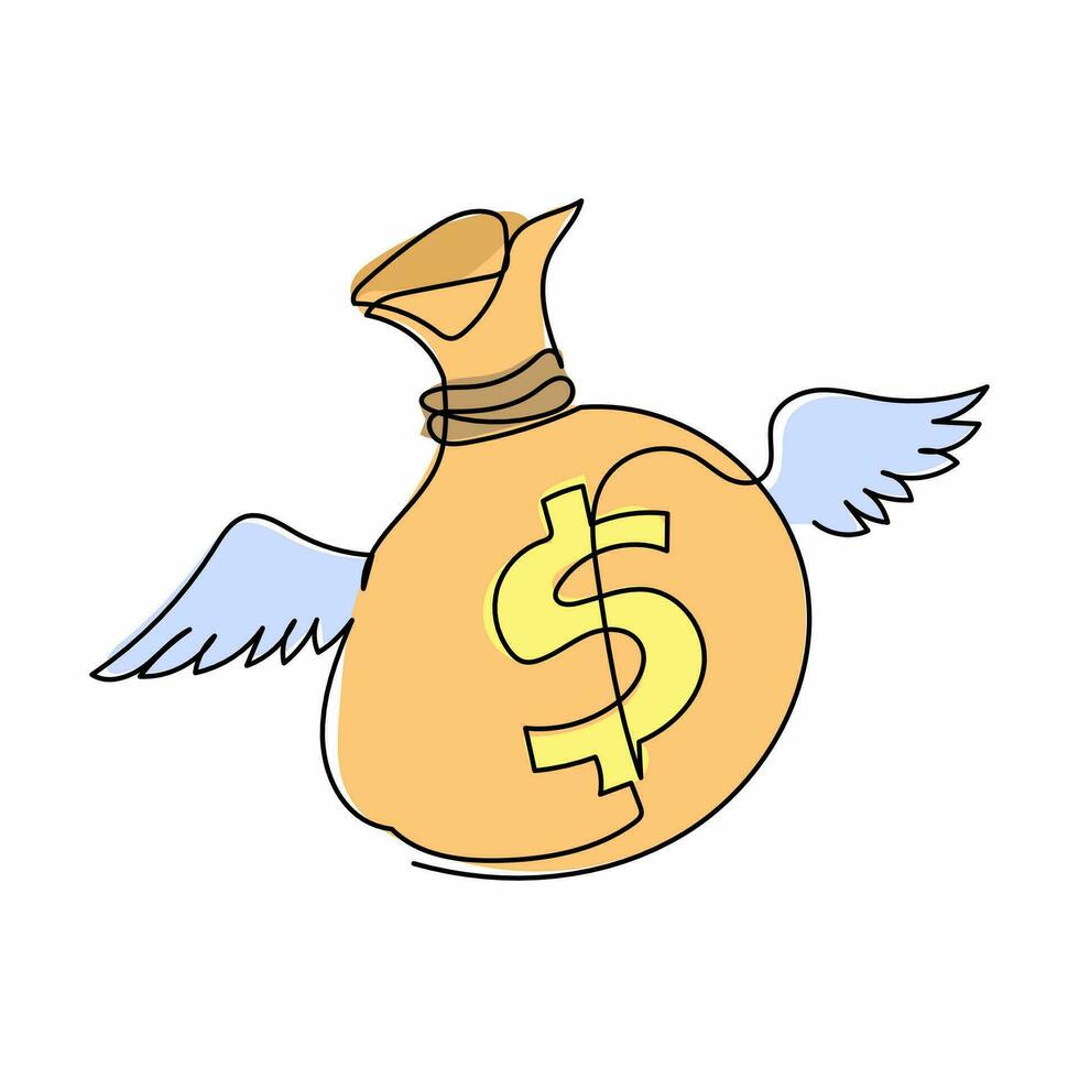 enda kontinuerlig linje teckning flygande pengar väska med vingar. väska med pengar med vingar, dollar tecken, flugor och glitter. bevingad pengar säck ikon. dynamisk ett linje dra grafisk design vektor illustration