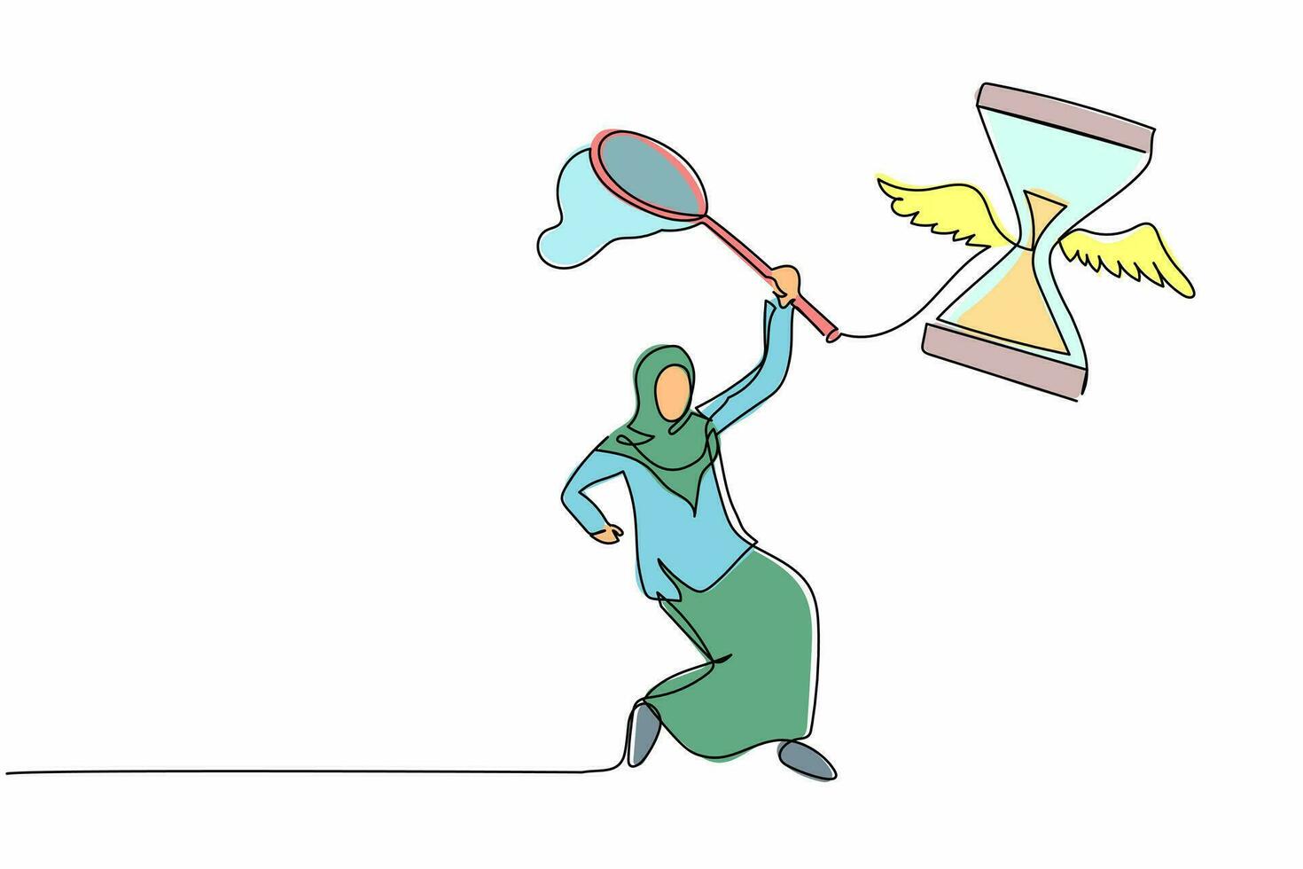 enda ett linje teckning arab affärskvinna Prova till fångst flygande timglas med fjäril netto. förlorande mått projekt deadline. företag liknelse. kontinuerlig linje dra design vektor illustration