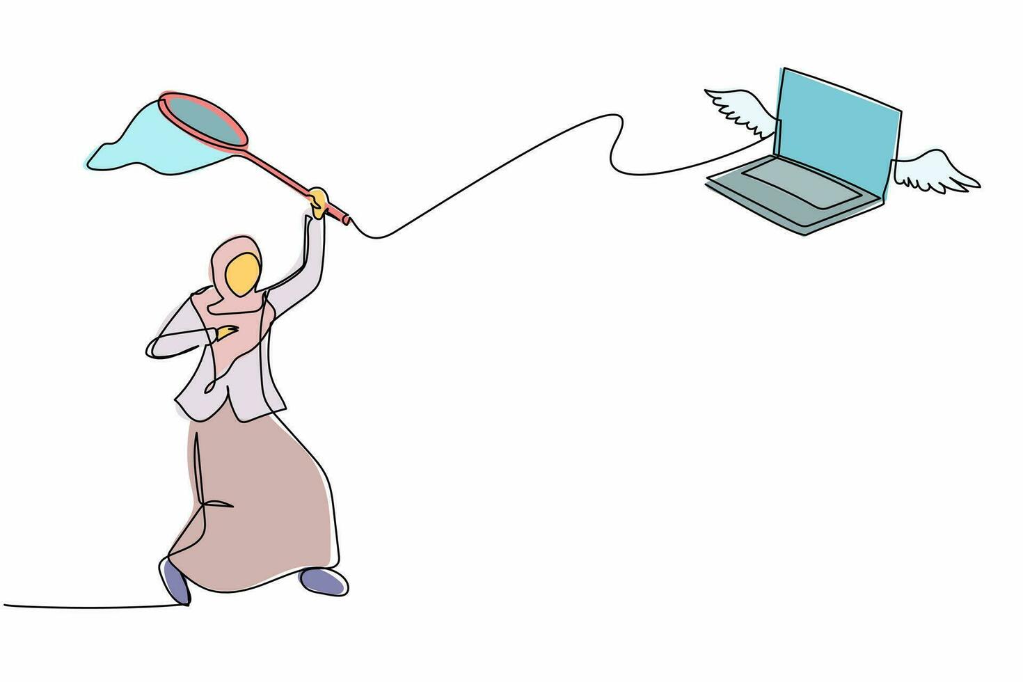 enda ett linje teckning arab affärskvinna Prova till fångst flygande bärbar dator med fjäril netto. förlorande data eller dokumentera på grund av till dator virus. kontinuerlig linje dra design grafisk vektor illustration