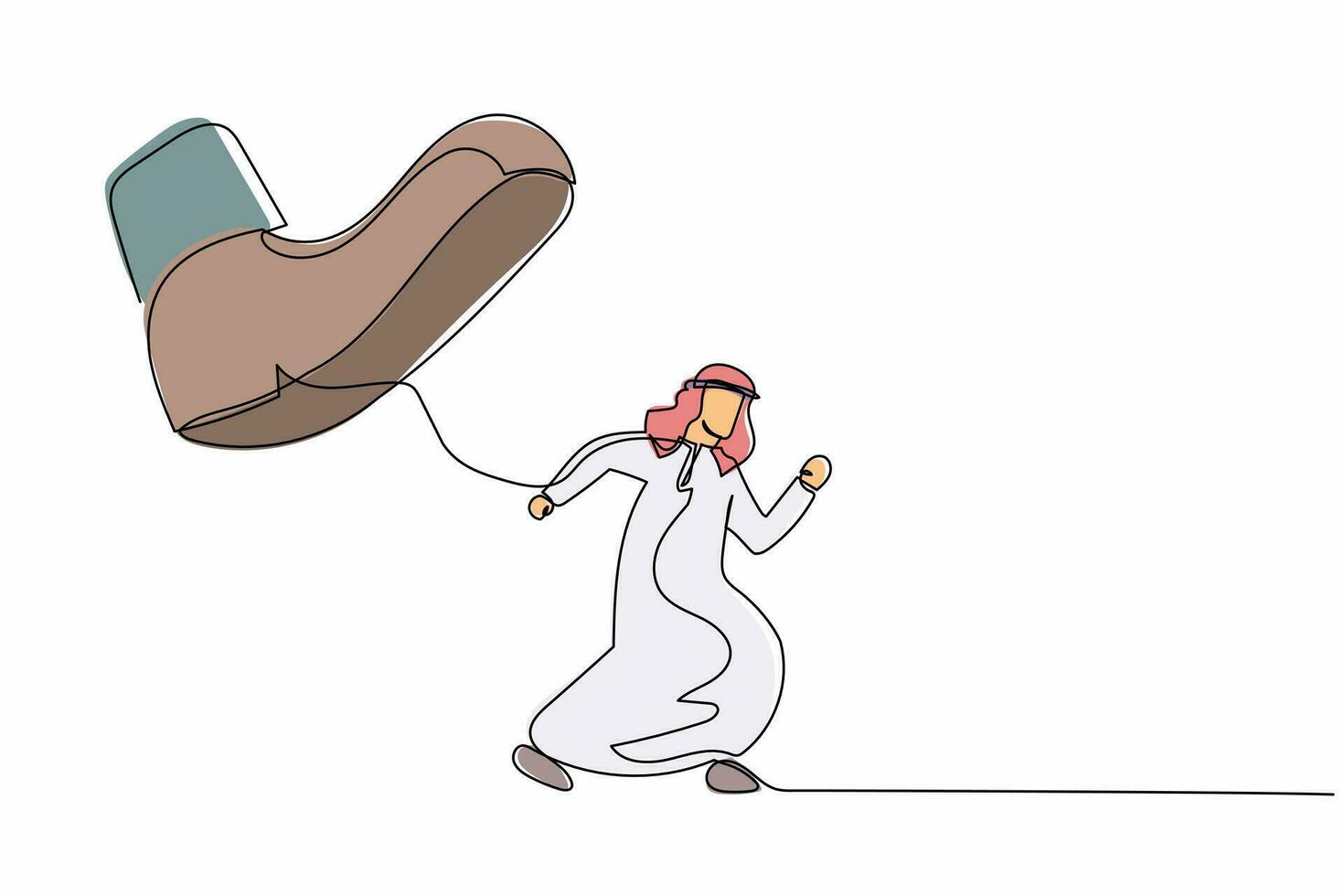 kontinuerlig ett linje teckning modig arab affärsman springa bort från stampar fot. manlig anställd betryckt förbi chef med under stor sko. minimalistisk liknelse. enda linje dra design vektor illustration