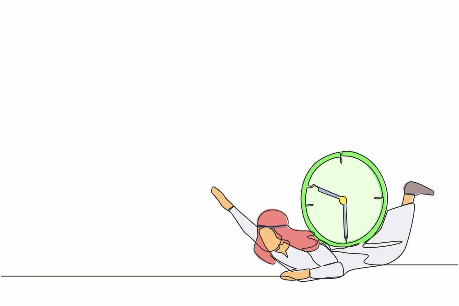 kontinuerlig ett linje teckning arab affärsman under tung vägg klocka börda. betonade komplett arbete inom deadline och tidslinjen. arbete under tryck. enda linje design vektor grafisk illustration