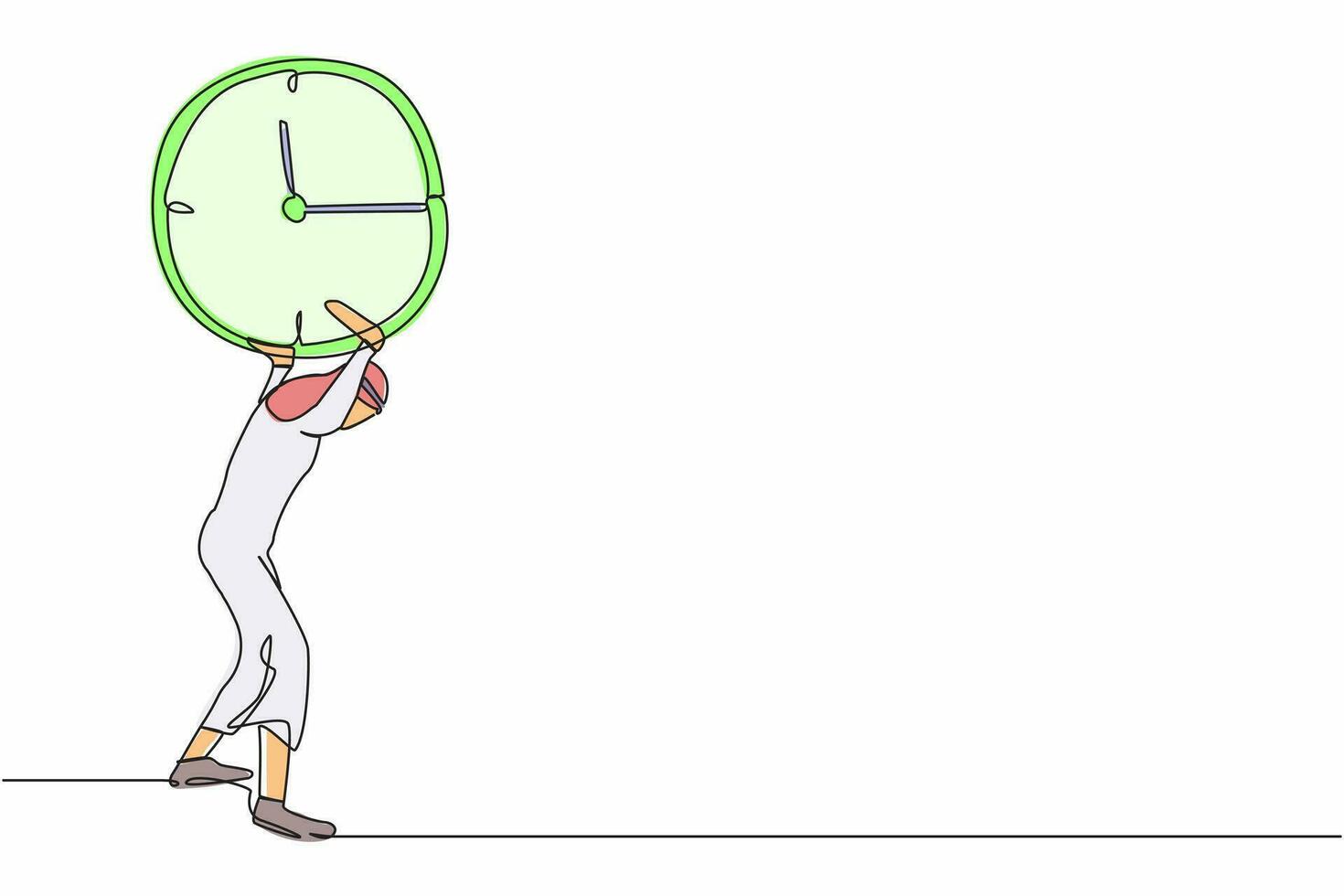 Single kontinuierlich Linie Zeichnung arabisch Geschäftsmann Tragen Uhr auf seine zurück. betont Arbeiter Arbeiten unter Druck zu abgeschlossen Geschäft Projekt Termin. einer Linie Grafik Design Vektor Illustration