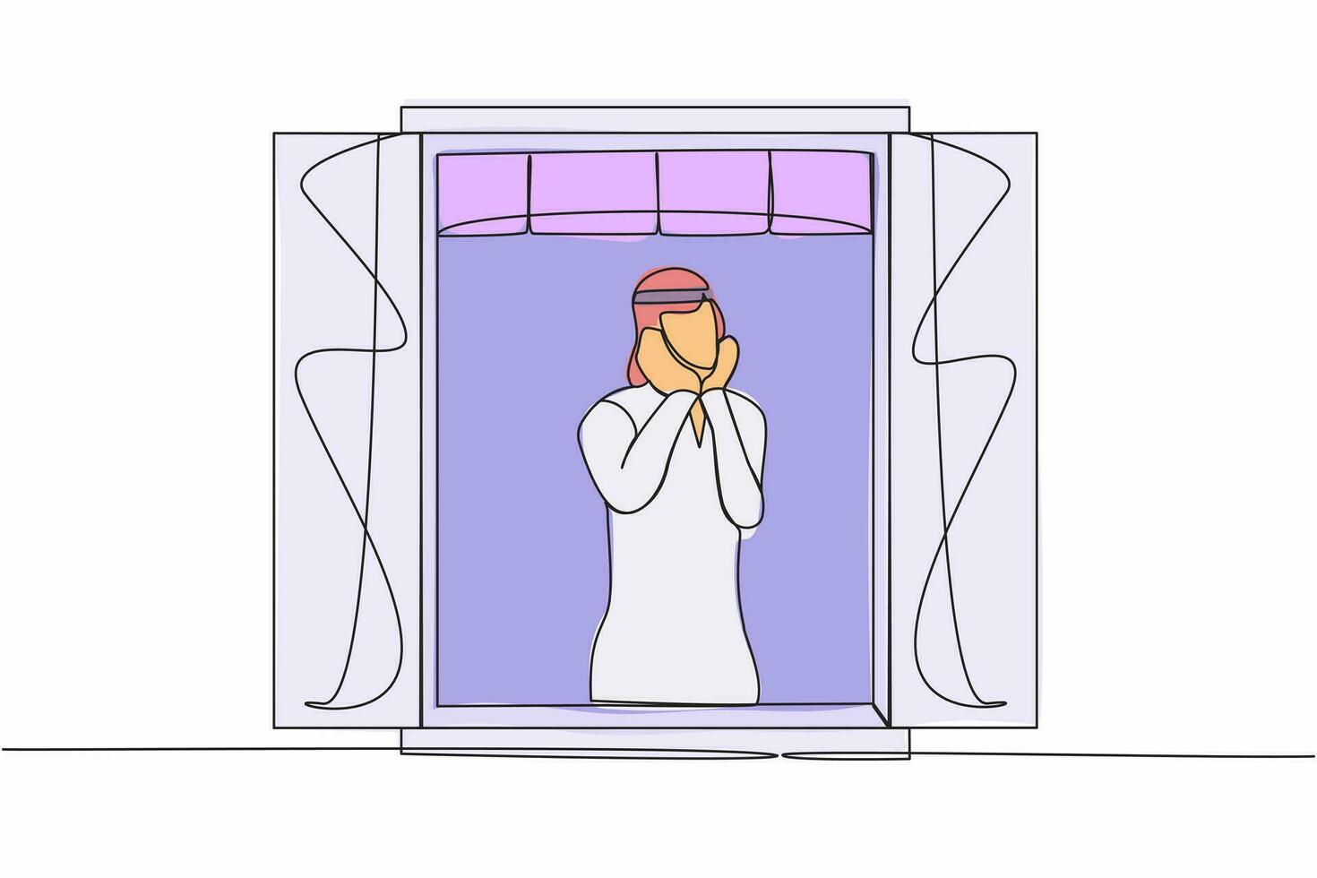 Single kontinuierlich Linie Zeichnung arabisch Mann Sitzung traurig mit Unterstützung das Kinn in der Nähe von das Fenster. Coronavirus Einschlag im Geschäft, wirtschaftlich Rezession, Pandemie. einer Linie Grafik Design Vektor Illustration