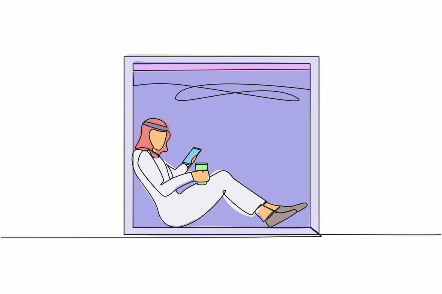 enda ett linje teckning ung arab man Sammanträde på fönsterkarm med smartphone och kaffe, njuter resten på Hem. bekväm koppla av tid med varm dryck. kontinuerlig linje dra design vektor illustration