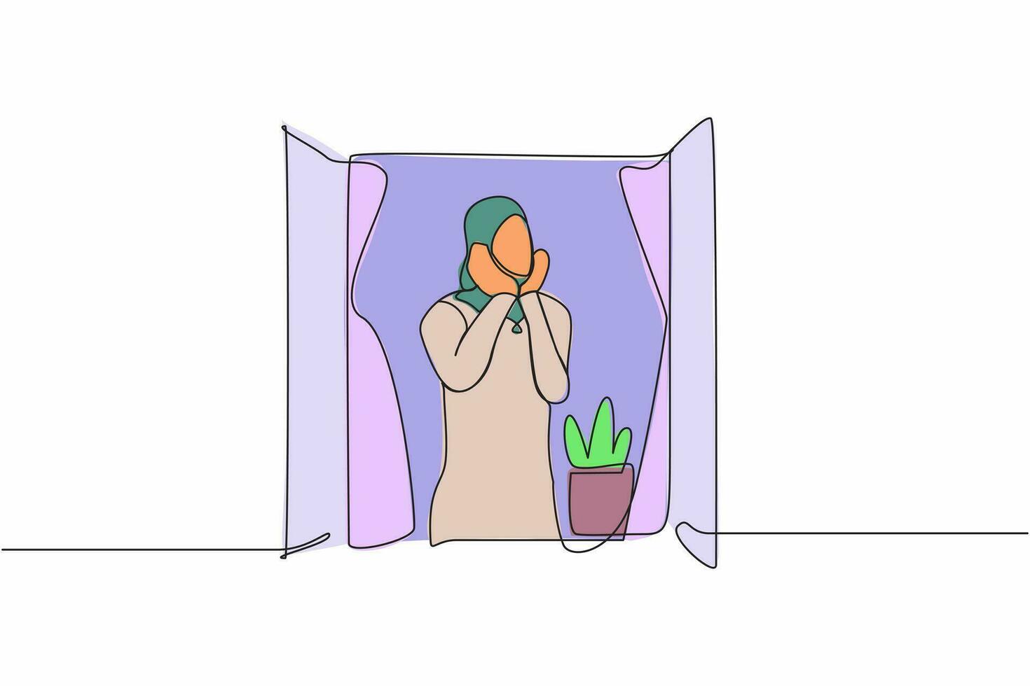 Single einer Linie Zeichnung traurig arabisch Frau Sitzung in der Nähe von das Fenster mit Unterstützung das kinn. Pandemie Einschlag im Geschäft, wirtschaftlich Rezession, Markt Absturz. kontinuierlich Linie Design Grafik Vektor Illustration