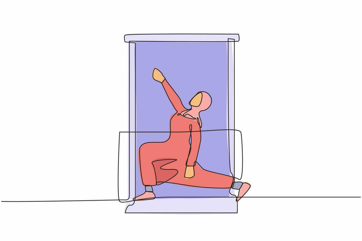 enda kontinuerlig linje teckning friska arab kvinna med hörlurar praxis yoga nära fönster i balkong. sporter aktivitet, träna, träning, kondition, inomhus ett linje dra design vektor illustration