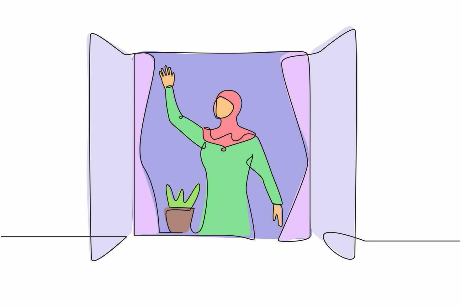 enda kontinuerlig linje teckning ung arab kvinna vinka på fönster som se tycka om till hälsa eller inbjudan människor till komma i. kvinna ser utanför från fönsterbräda. ett linje grafisk design vektor illustration