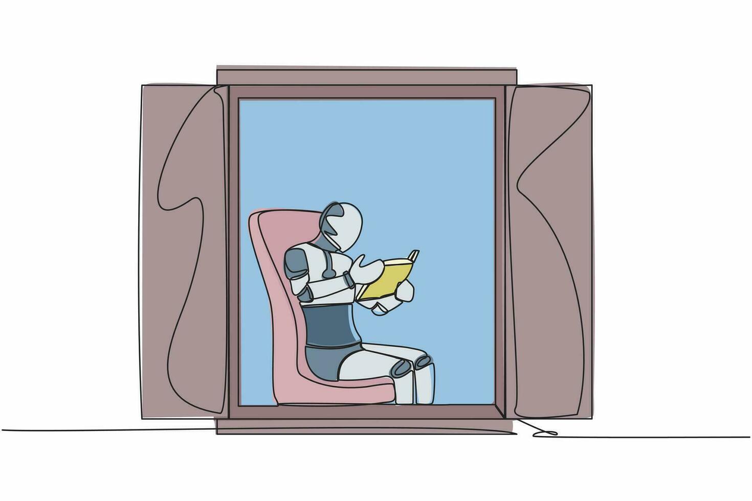 kontinuerlig ett linje teckning robot Sammanträde i stol och läsning bok. Sammanträde i fåtölj nära fönster i levande rum. humanoid robot cybernetiska organism. enda linje grafisk design vektor illustration