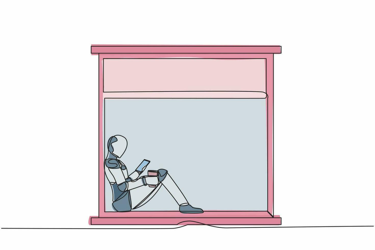 enda kontinuerlig linje teckning robot Sammanträde på fönsterkarm med smartphone och kaffe. bekväm koppla av tid med varm dryck. framtida teknologi utveckling. ett linje grafisk design vektor illustration