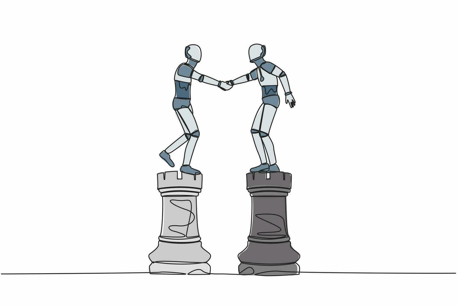 Single einer Linie Zeichnung Roboter Führer zittern Hand auf Turm Schach. Zusammenarbeit Strategie im Technik Industrie. modern Roboter künstlich Intelligenz. kontinuierlich Linie zeichnen Design Grafik Vektor Illustration