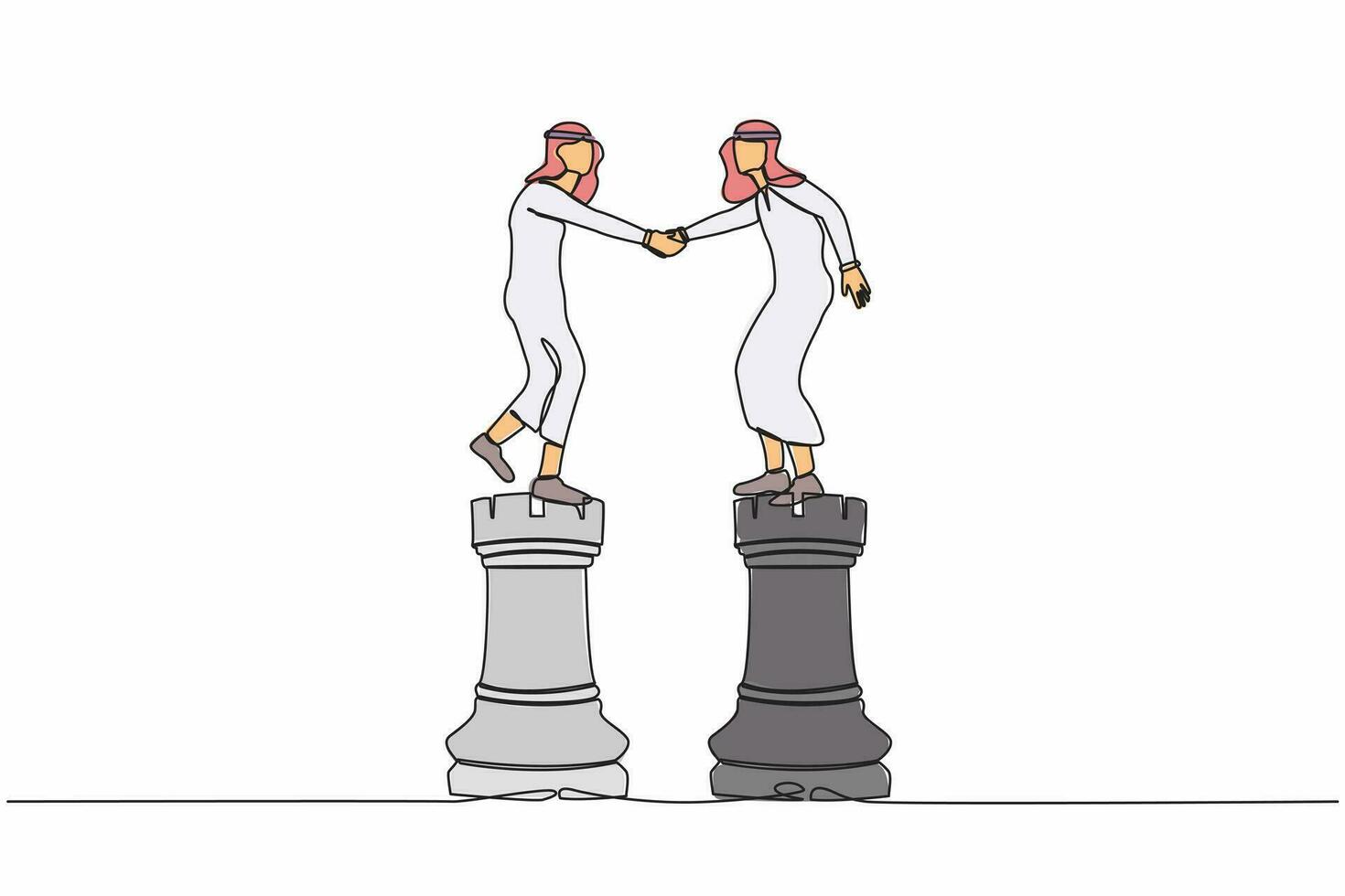 Single einer Linie Zeichnung arabisch Geschäftsmann Führer zittern Hand auf Turm Schach. Partnerschaft Entscheidung, Zusammenarbeit Strategie zu Erfolg zusammen Konzept. kontinuierlich Linie zeichnen Design Vektor Illustration