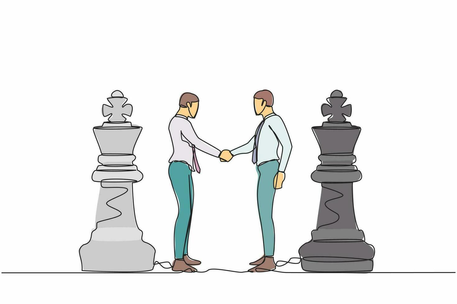 enda kontinuerlig linje teckning två affärsmän skakning händer tillsammans medan stående mellan av kung schack bitar. entreprenör ledare liknelse av avtal. ett linje dra design vektor illustration