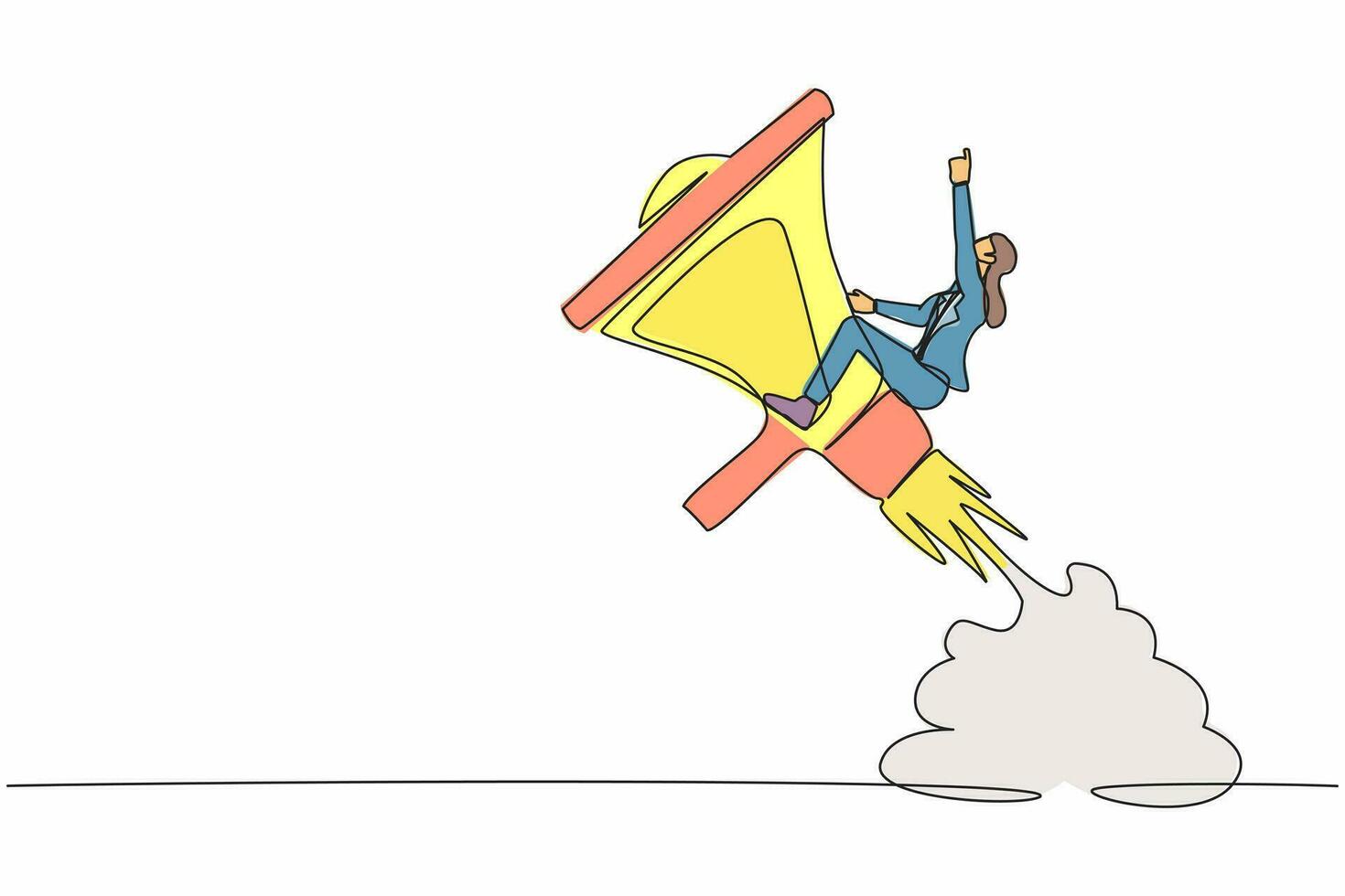 kontinuierlich einer Linie Zeichnung Geschäftsfrau Reiten Megaphon Rakete fliegend im das Himmel. Geschichtenerzählen mit präzise Botschaft. Sanft Fertigkeit zu kommunizieren. Single Linie zeichnen Design Vektor Grafik Illustration