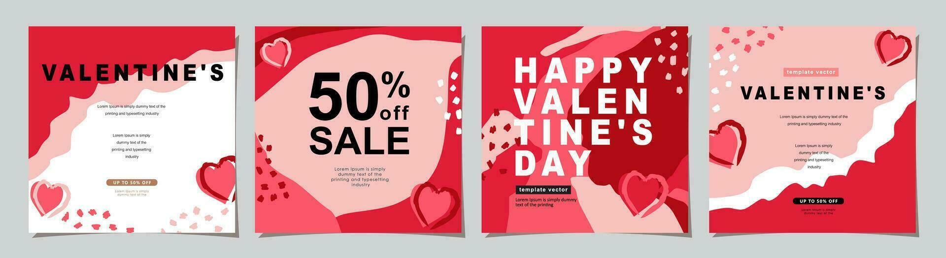 Lycklig valentines dag fyrkant baner för social media inlägg, mobil appar, banderoller, digital marknadsföring, försäljning befordran och hemsida annonser. vektor bakgrunder, geometrisk stil med hjärtan mönster.