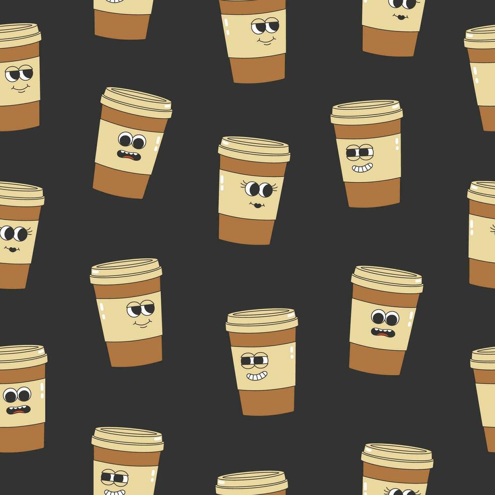 nahtlos Muster von groovig Kaffee Tasse. Karikatur Zeichen im modisch retro Stil auf grau Hintergrund vektor