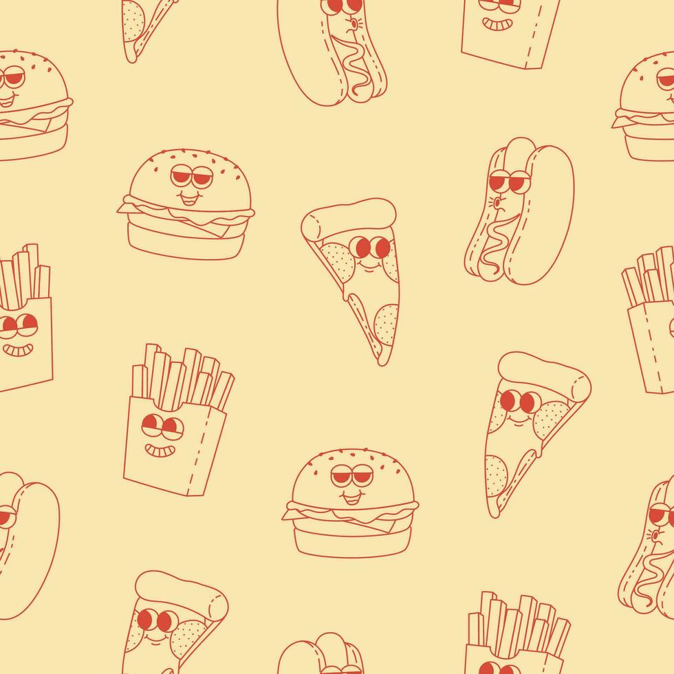 nahtlos Muster mit Linie Kunst heiß Hund, Burger, Französisch Fritten und Pizza. Karikatur rot Zeichen im modisch retro Stil vektor