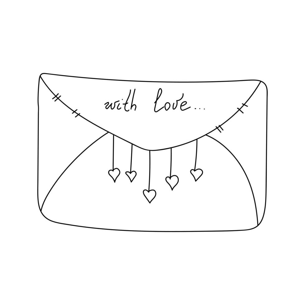 Liebesgekritzelbrief, Umschlag mit Dekor aus Herzen auf Fäden, geschlossener Umschlag und Inschrift mit Liebe zum Valentinstag vektor