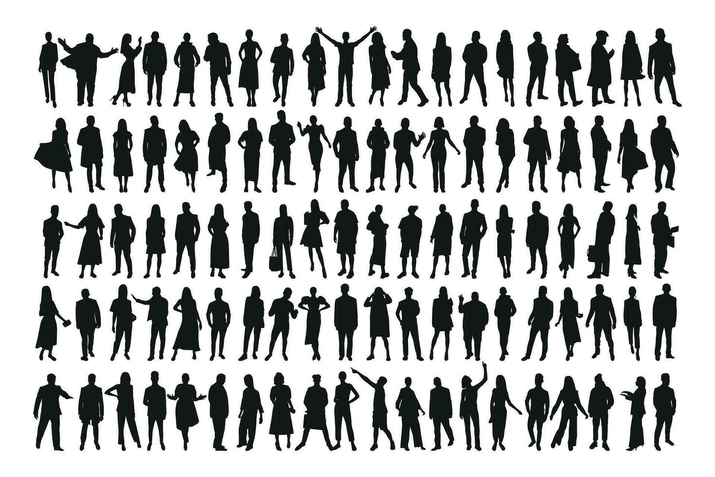 samling av svart silhuetter av människor, män och kvinnor, isolerat vektor