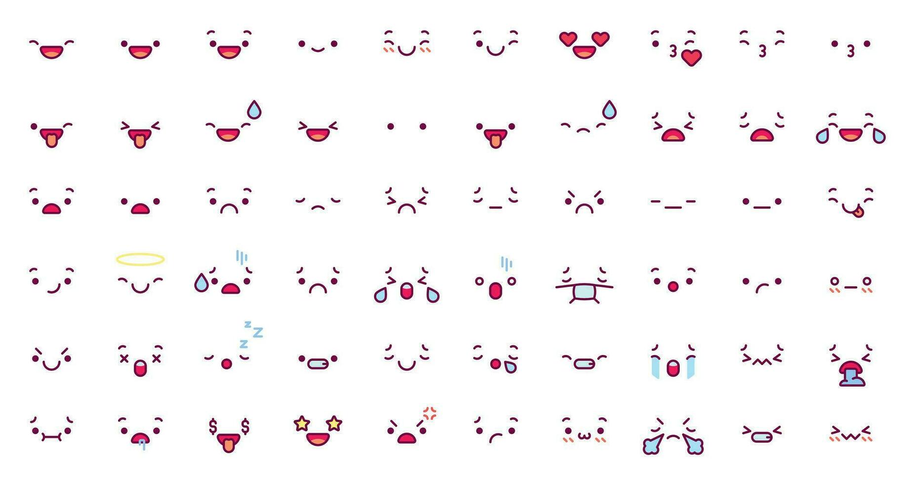 süß Emoticon Emoji Gesichter. Karikatur kawaii Gesicht Ausdruck im japanisch Anime Charakter. Manga Emotion Kuss, Weinen und wütend Vektor Symbole einstellen