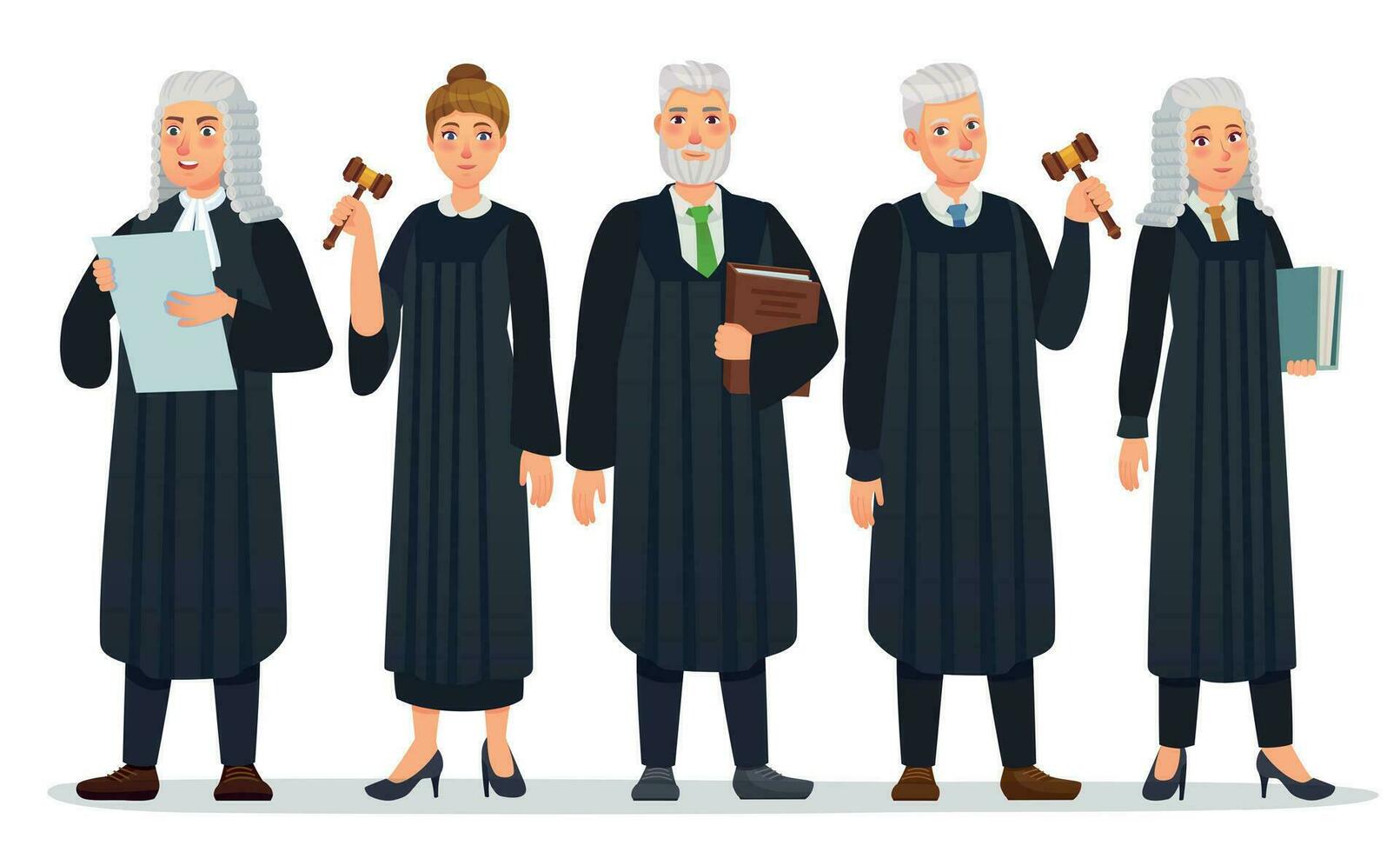 domare team. lag bedöma i svart morgonrock kostym, domstol människor och rättvisa arbetare vektor tecknad serie illustration